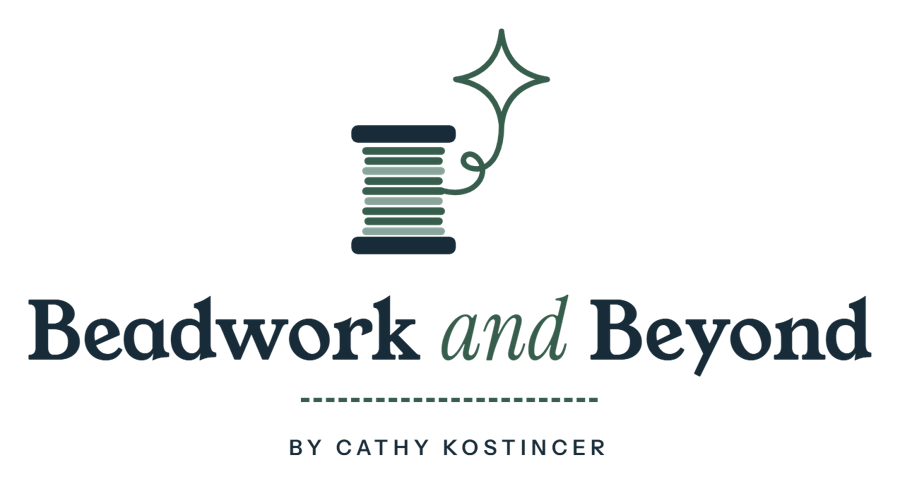Beadwork and Beyond stacked logo with a spool of thread and a star, by Cathy Kostincer