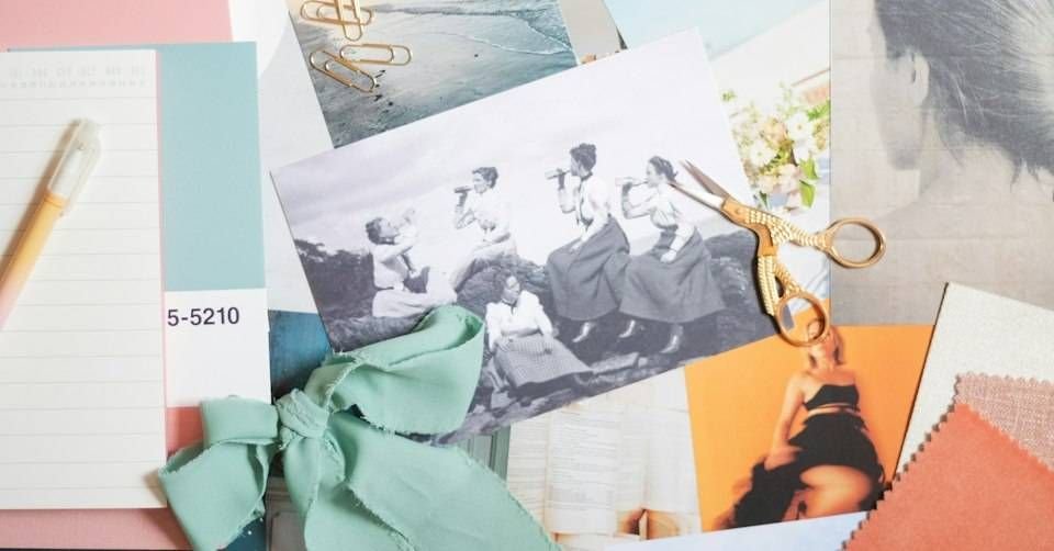 A mood board of photos, paint swatches, ribbon and scissors