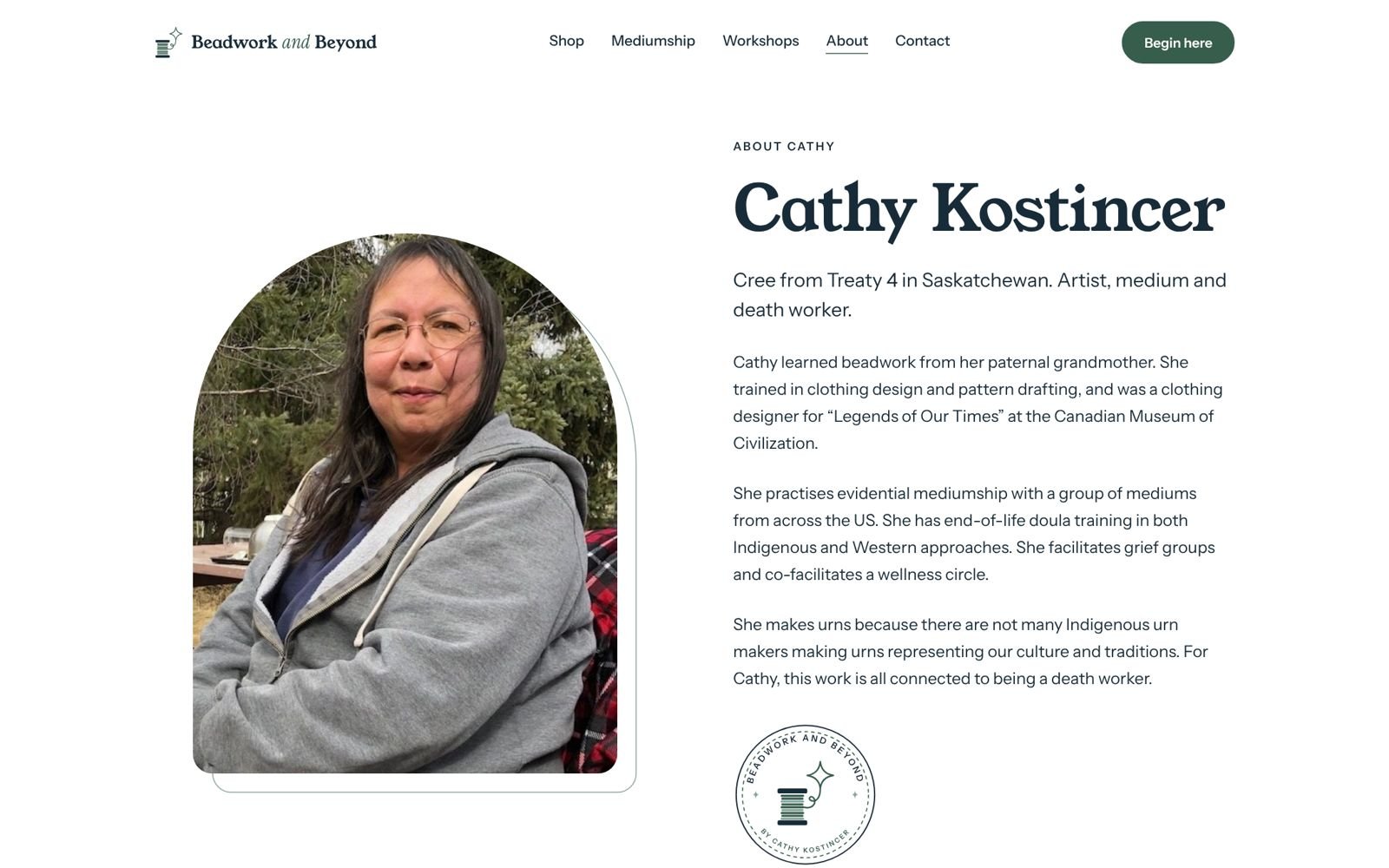 About page with a portrait of Cathy Kostincer