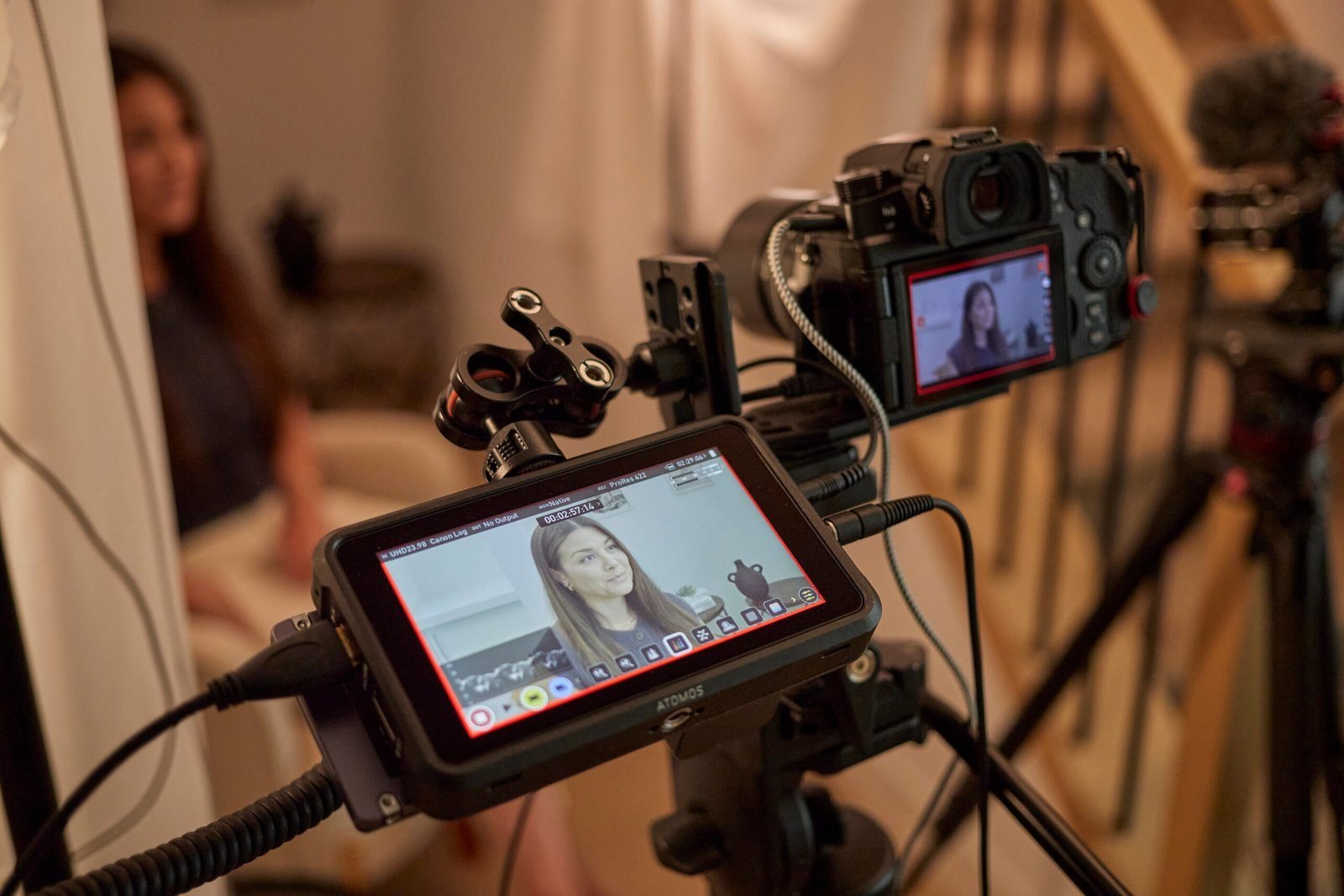 Camera monitor framing a shot during the Healix shoot