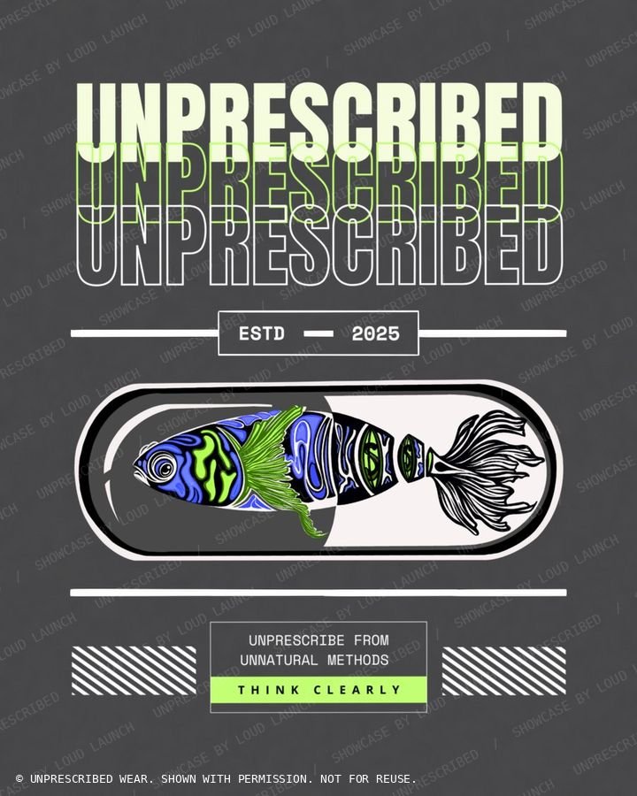 Unprescribed shirt print: stacked wordmark over a fish inside a capsule, with the line Think clearly