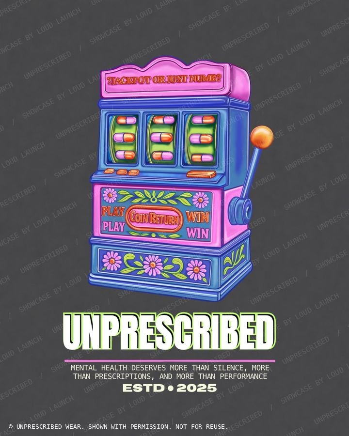 Unprescribed shirt print: a pastel slot machine asking Jackpot or just numb, with pills on the reels